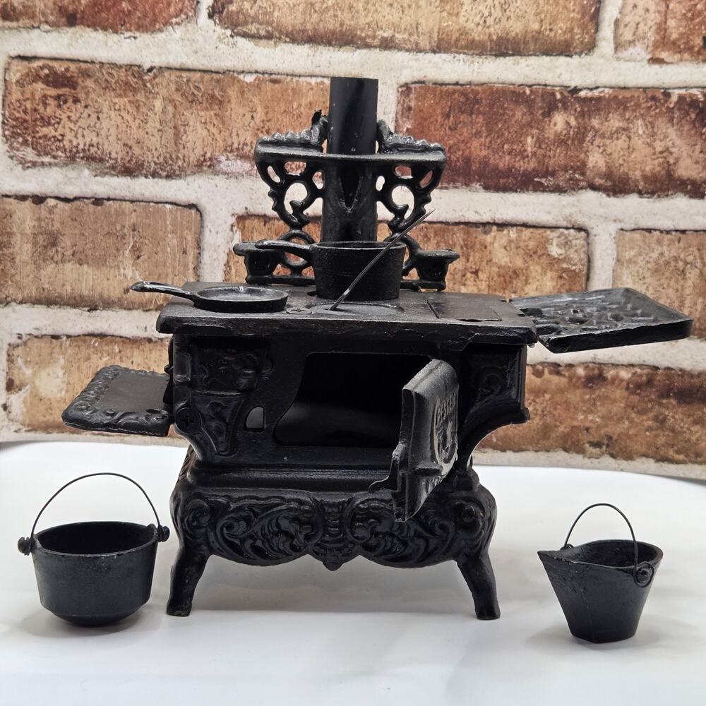 Vintage Crescent Cast Iron Toy Stove Salesman Sample Coal Shuttle Cauldron Pans